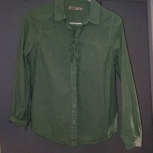 Green and white striped button up.